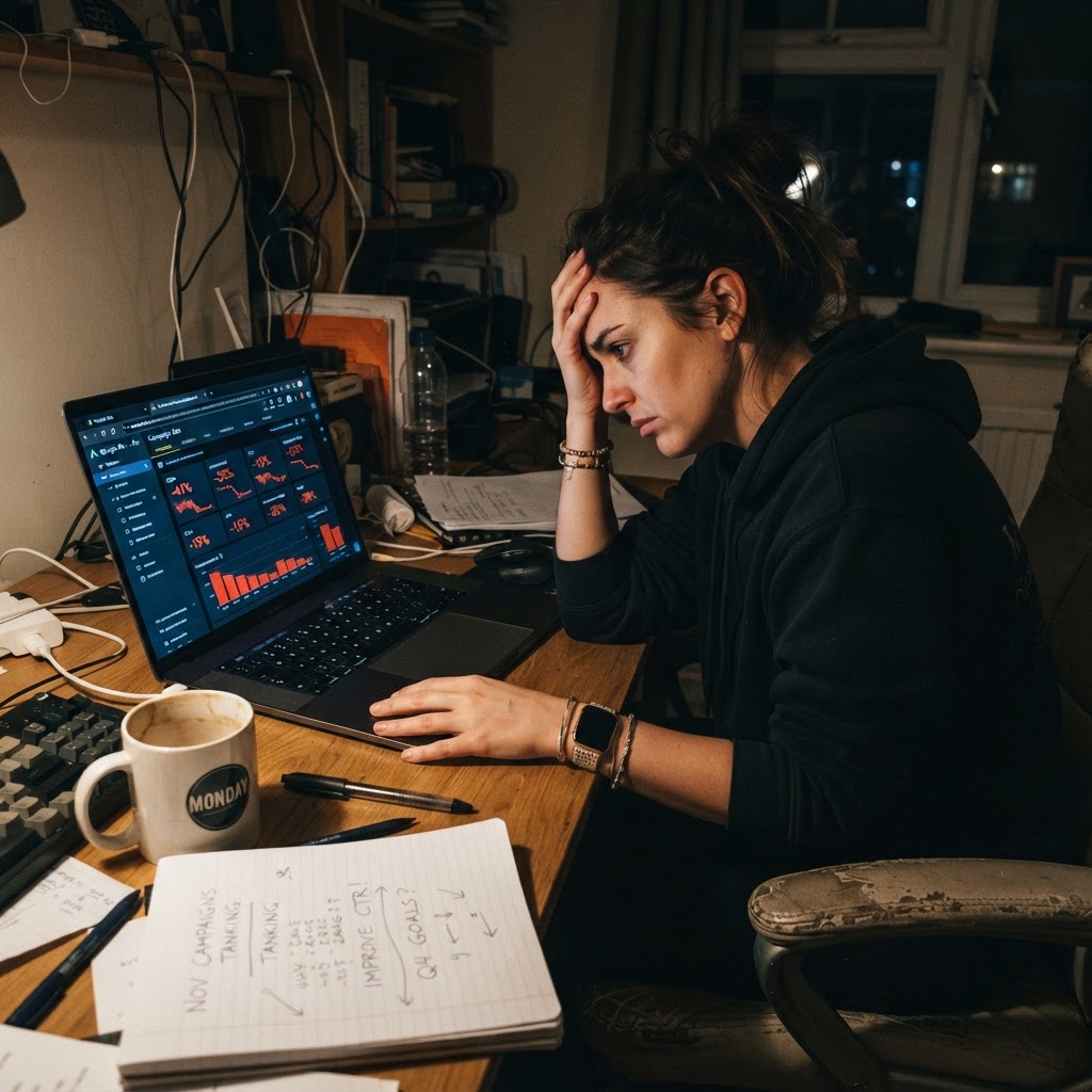 Marketer at desk at night, frustrated, looking at Google Ads dashboard with declining metrics