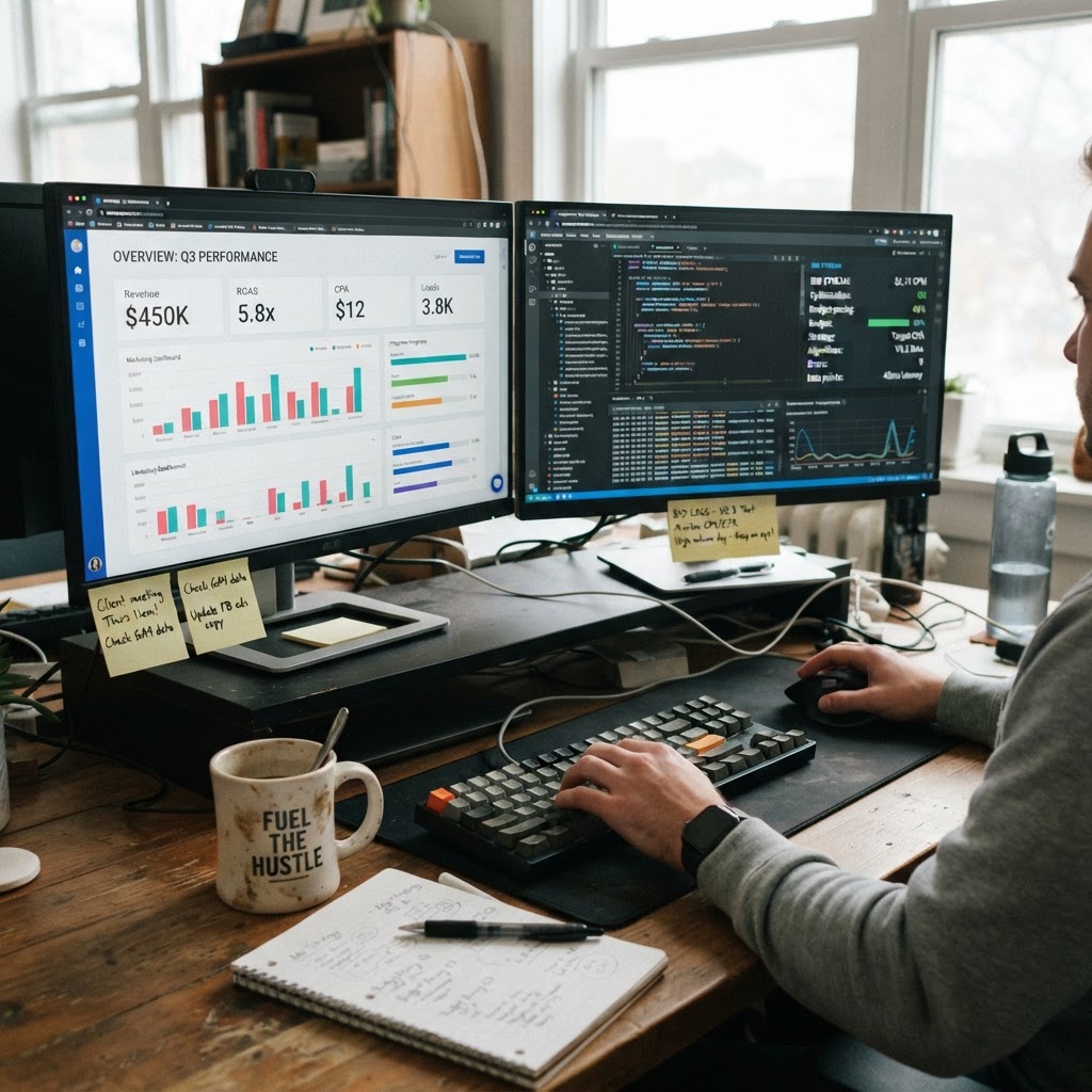 Marketer's desk during daytime, two monitors showing different dashboards for tracking vs reporting metrics