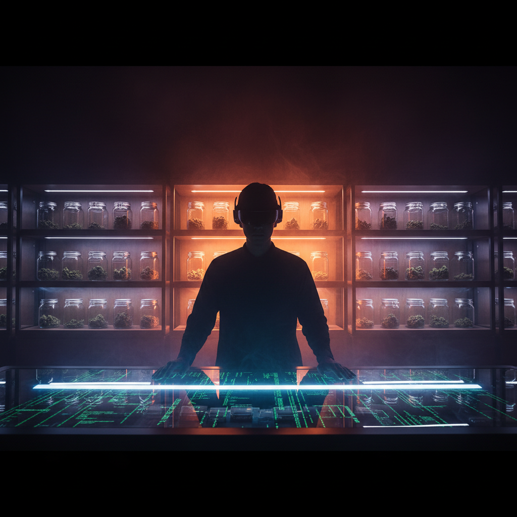 Cannabis dispensary budtender with AI interface overlay and compliance violation concept