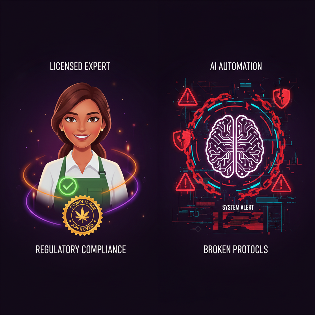 Split-screen concept showing licensed budtender oversight versus AI system compliance uncertainty