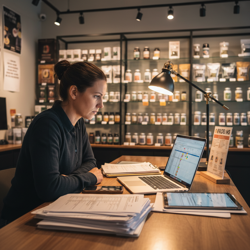 Cannabis dispensary manager reviewing compliance documents and laptop at night