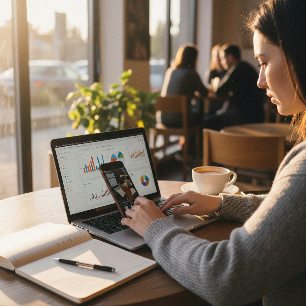 Marketer checking analytics in a coffee shop with uncertainty