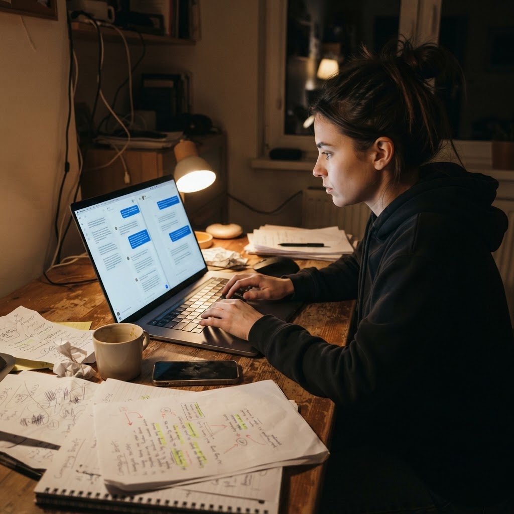 A marketer reviewing AI assistant outputs at a home workspace