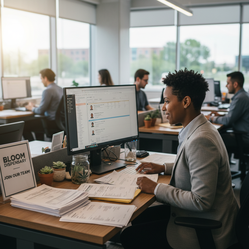 Hiring manager at cannabis dispensary back office with AI recruiting software