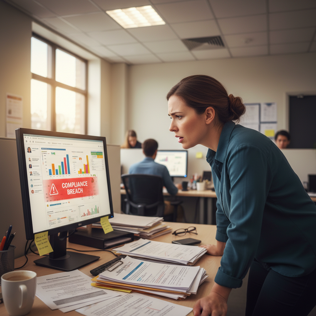 Hiring manager looking concerned at recruiting software on computer screen with compliance documents visible