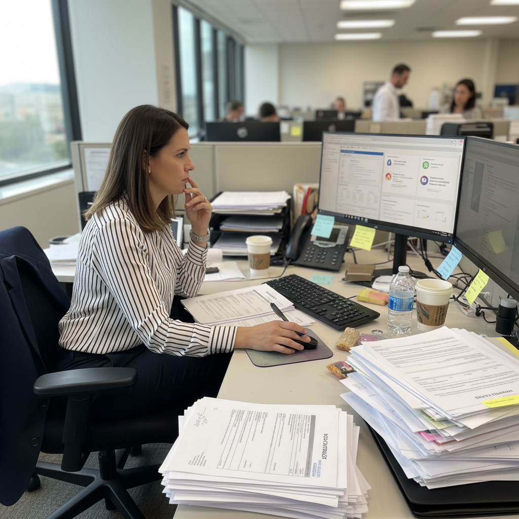 person in office reviewing compliance documents on screen