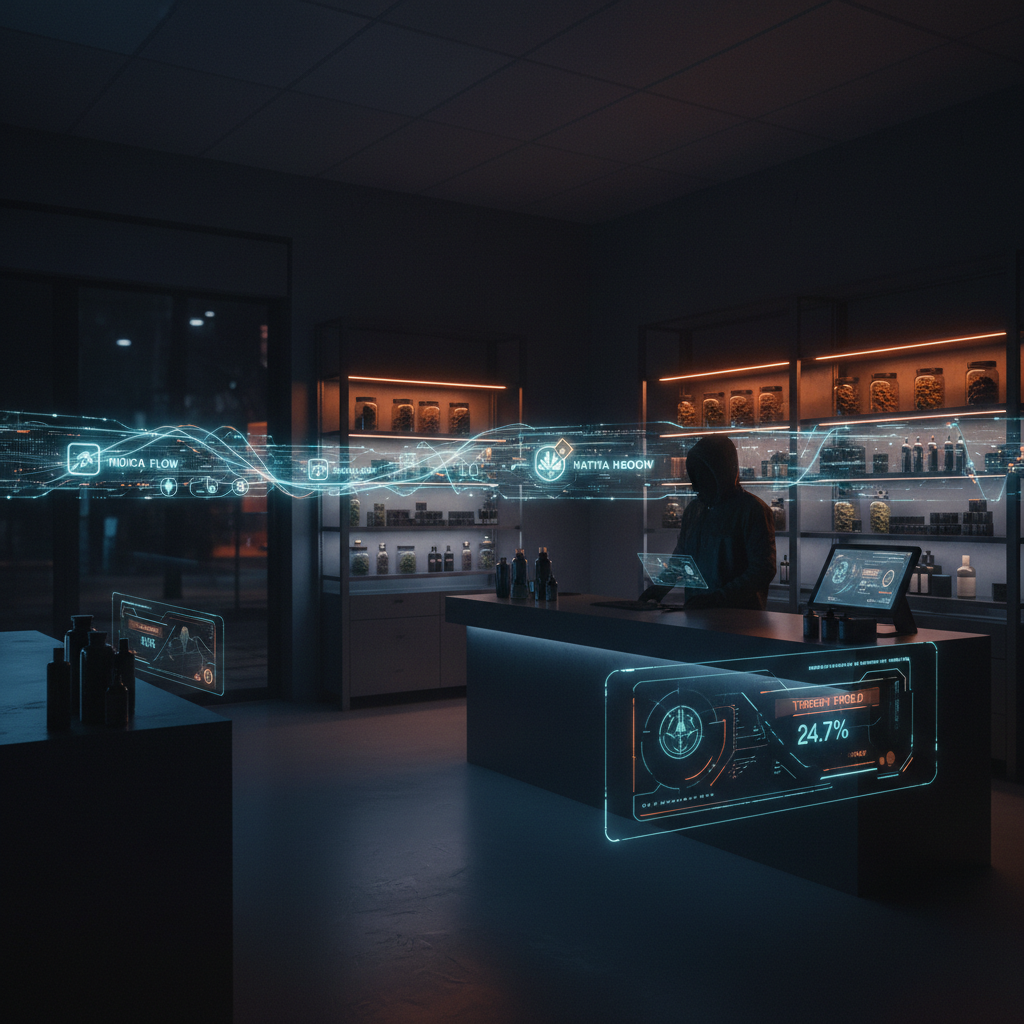Empty dispensary shelf and fading AI answer bubble