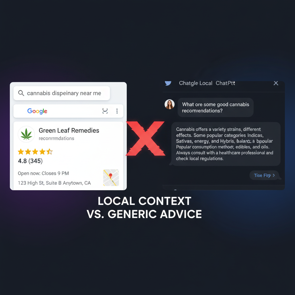 Split-screen comparison of local search and AI recommendation visibility