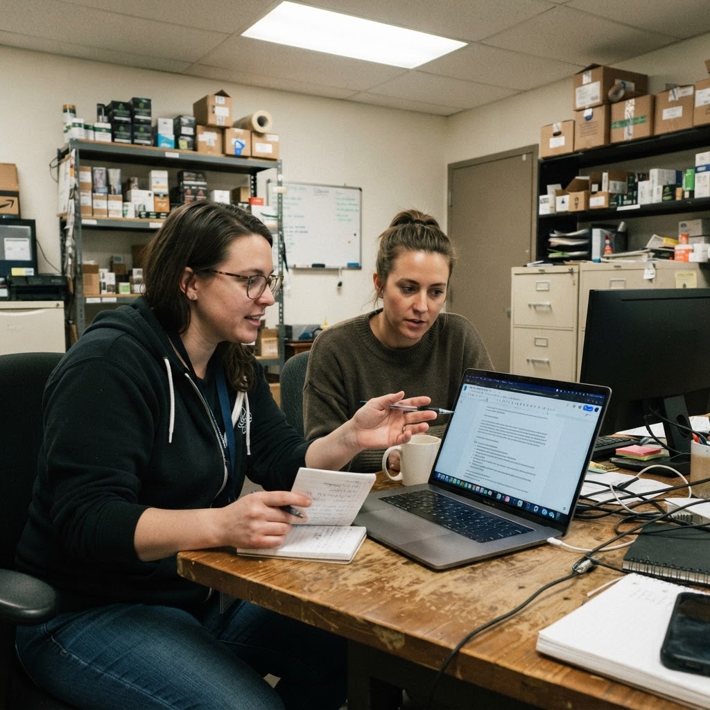 Compliance reviewer and content strategist comparing generated copy with a source checklist