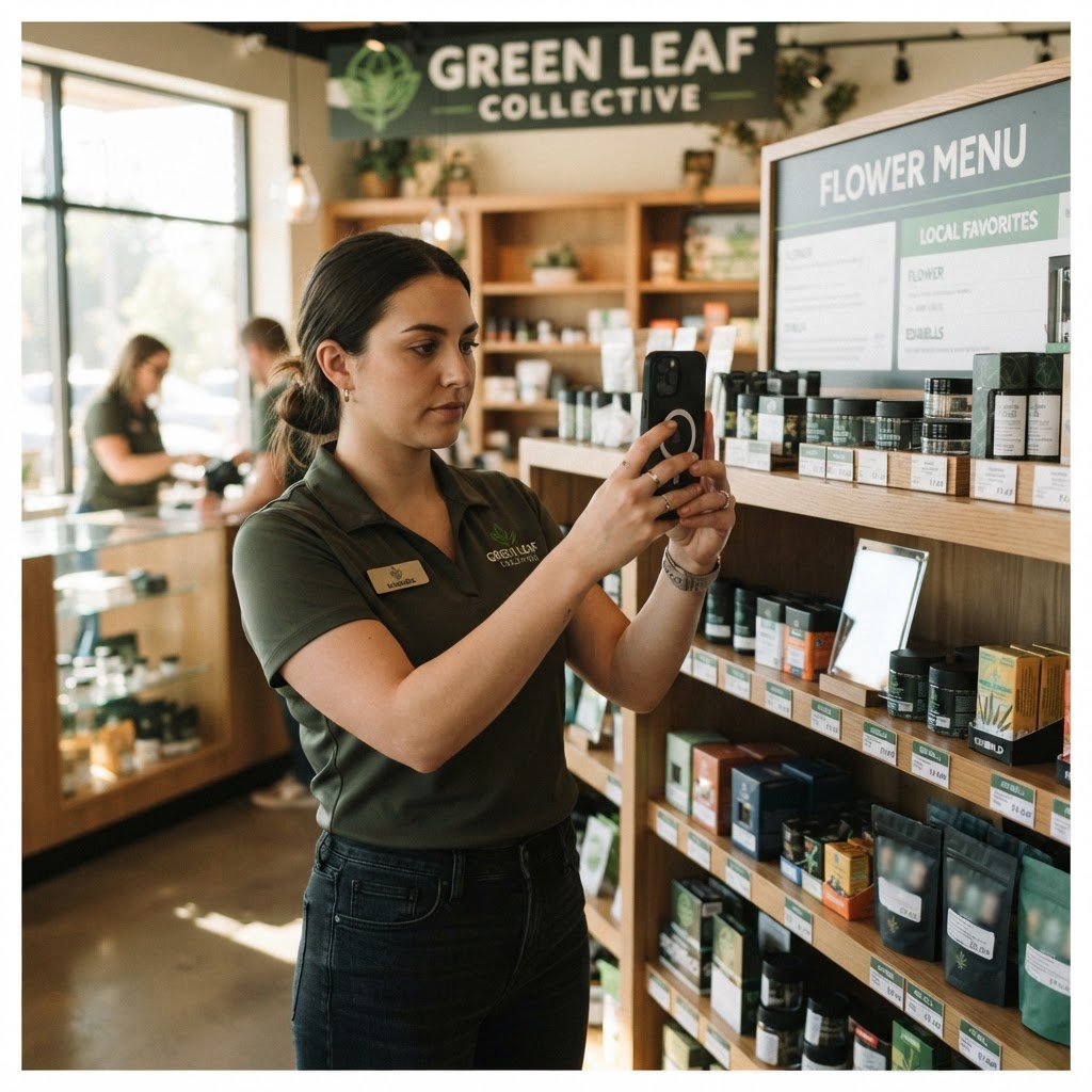 Cannabis retail manager creating local search content in a dispensary