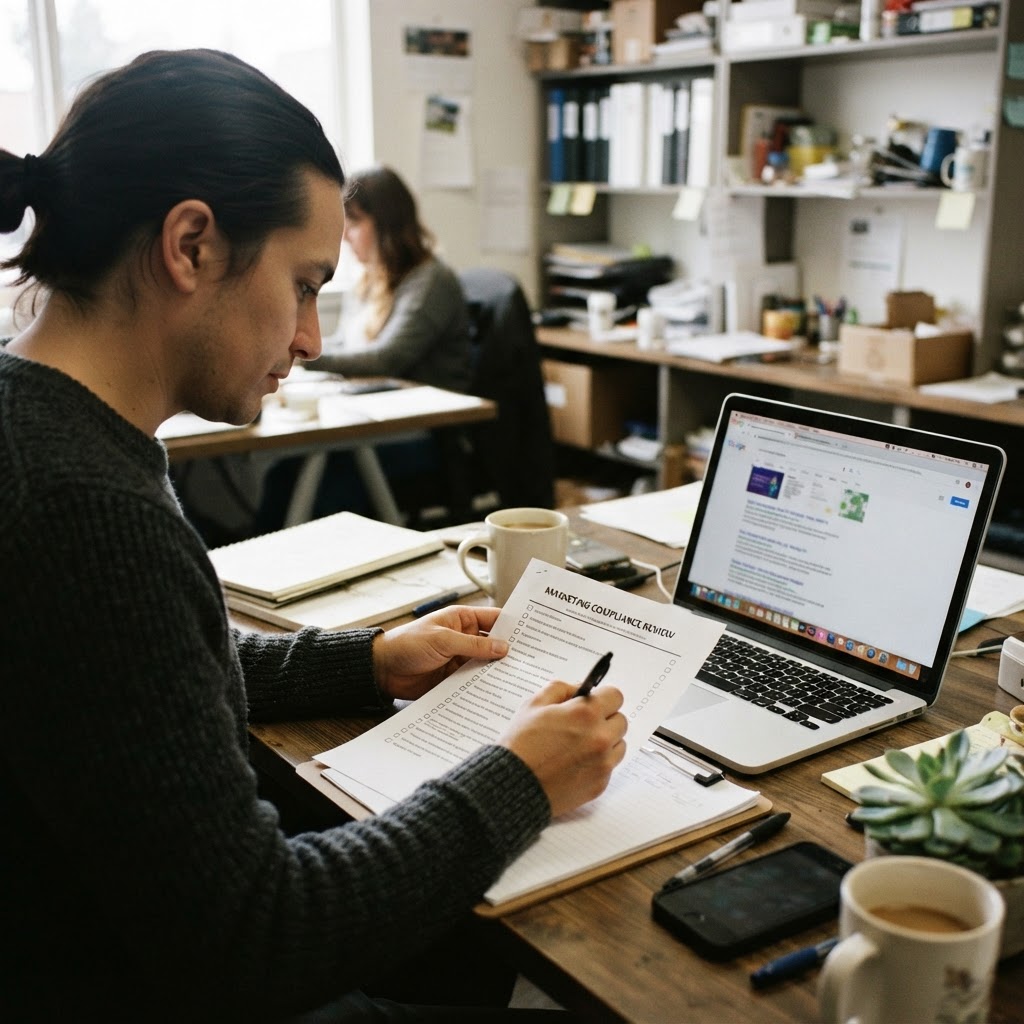 Cannabis marketing operator reviewing an AI content checklist