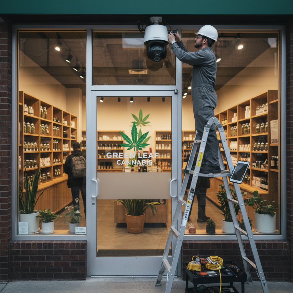 Technician installing AI video intelligence camera above dispensary entrance