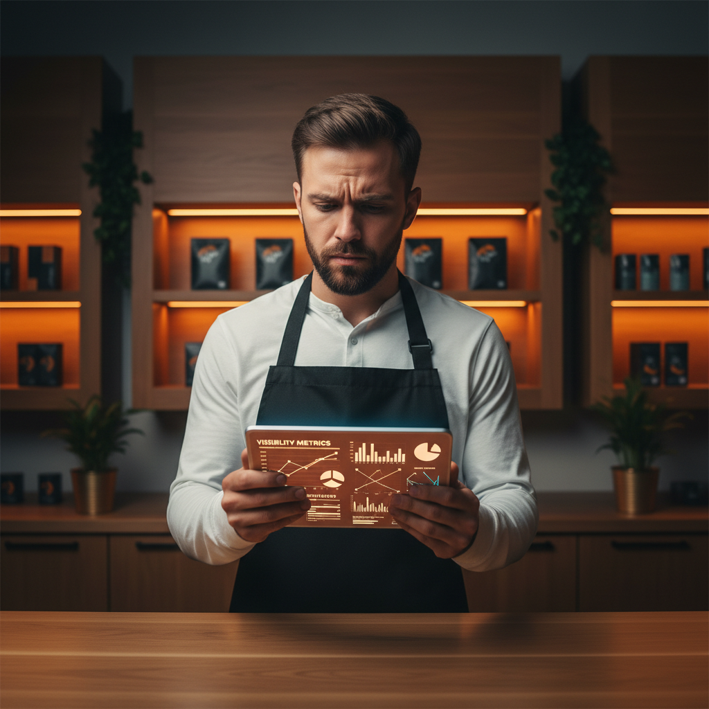 Dispensary operator examining visibility metrics