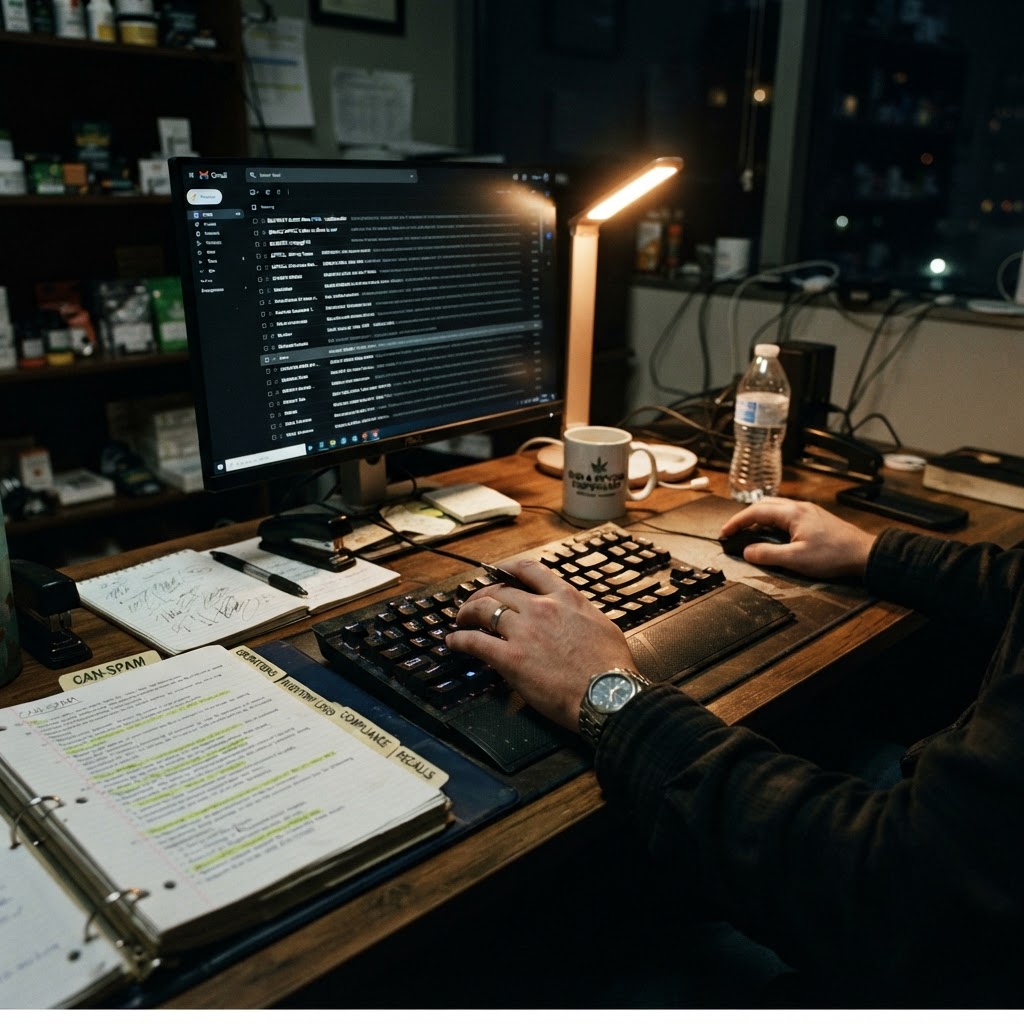Dispensary worker checking email analytics on phone