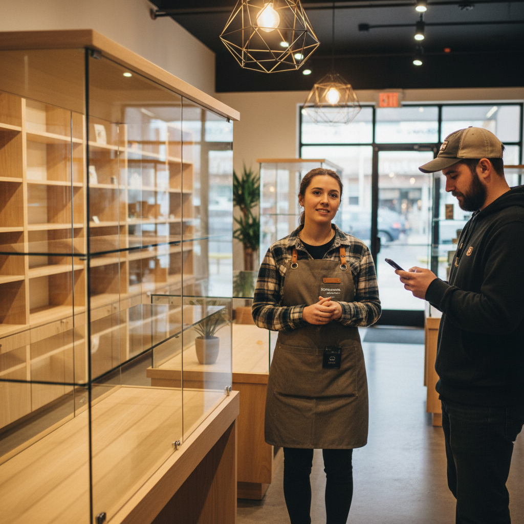 Cannabis budtender looking at empty shelf while customer reviews AI recommendation on phone
