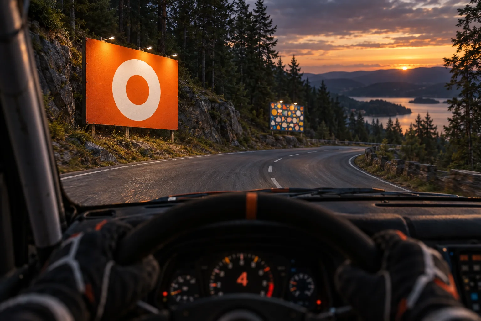 Fictional driver viewpoint showing a simple roadside brand cue and a busier panel farther along the road