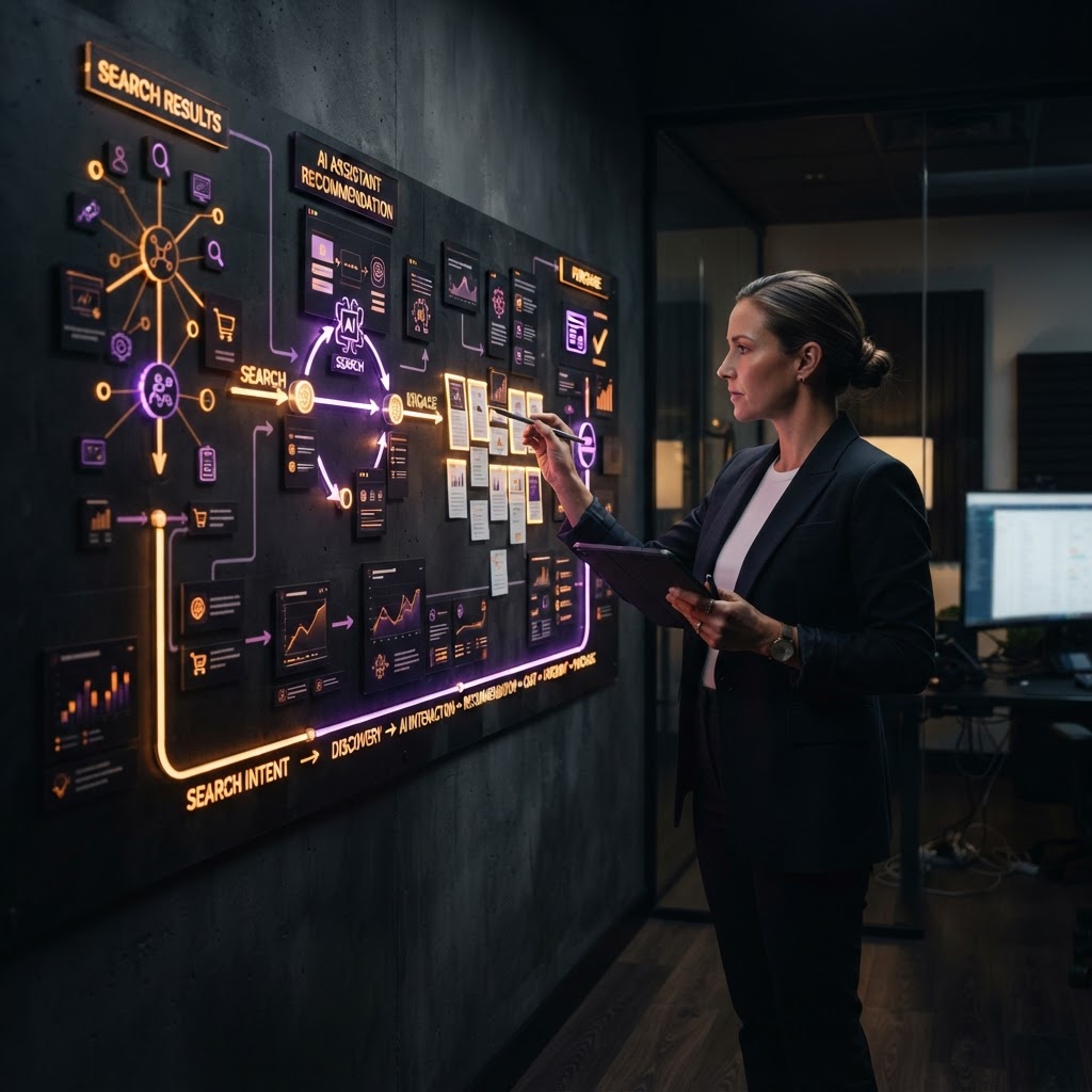 A marketing strategist tracing a customer journey from search to recommendation