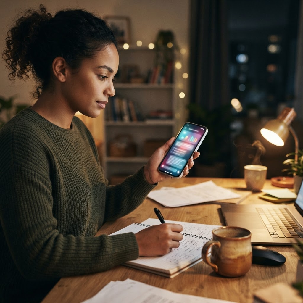 A marketer checking an AI recommendation on a phone late at night