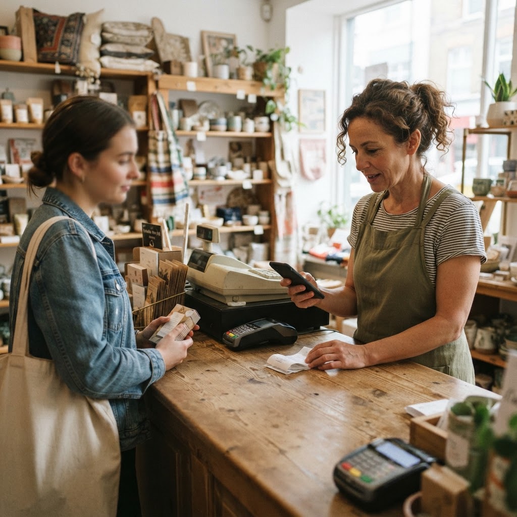 A consumer using a conversational shopping assistant in a cafe
