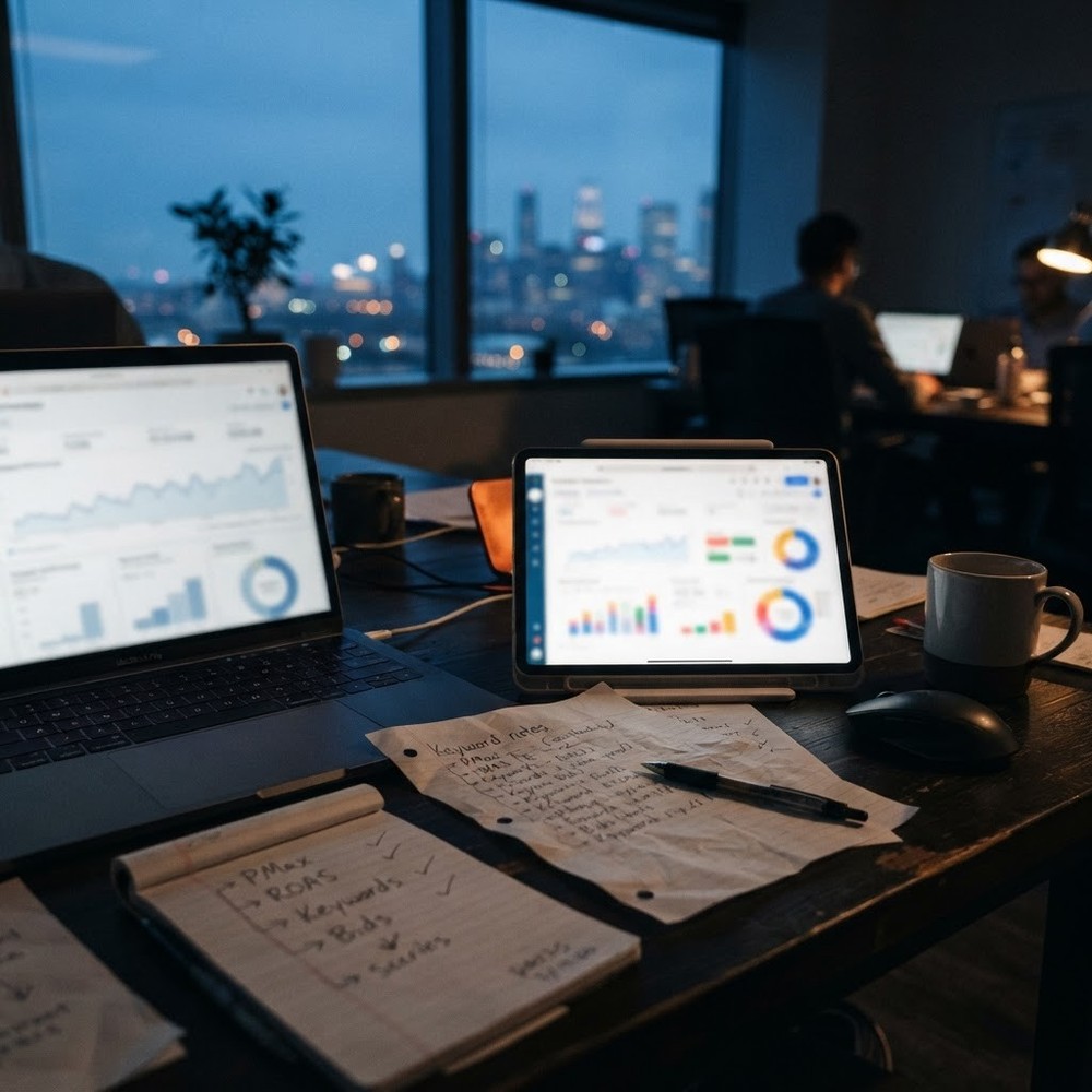 A marketing operations desk with keyword notes pushed aside by an AI campaign layer