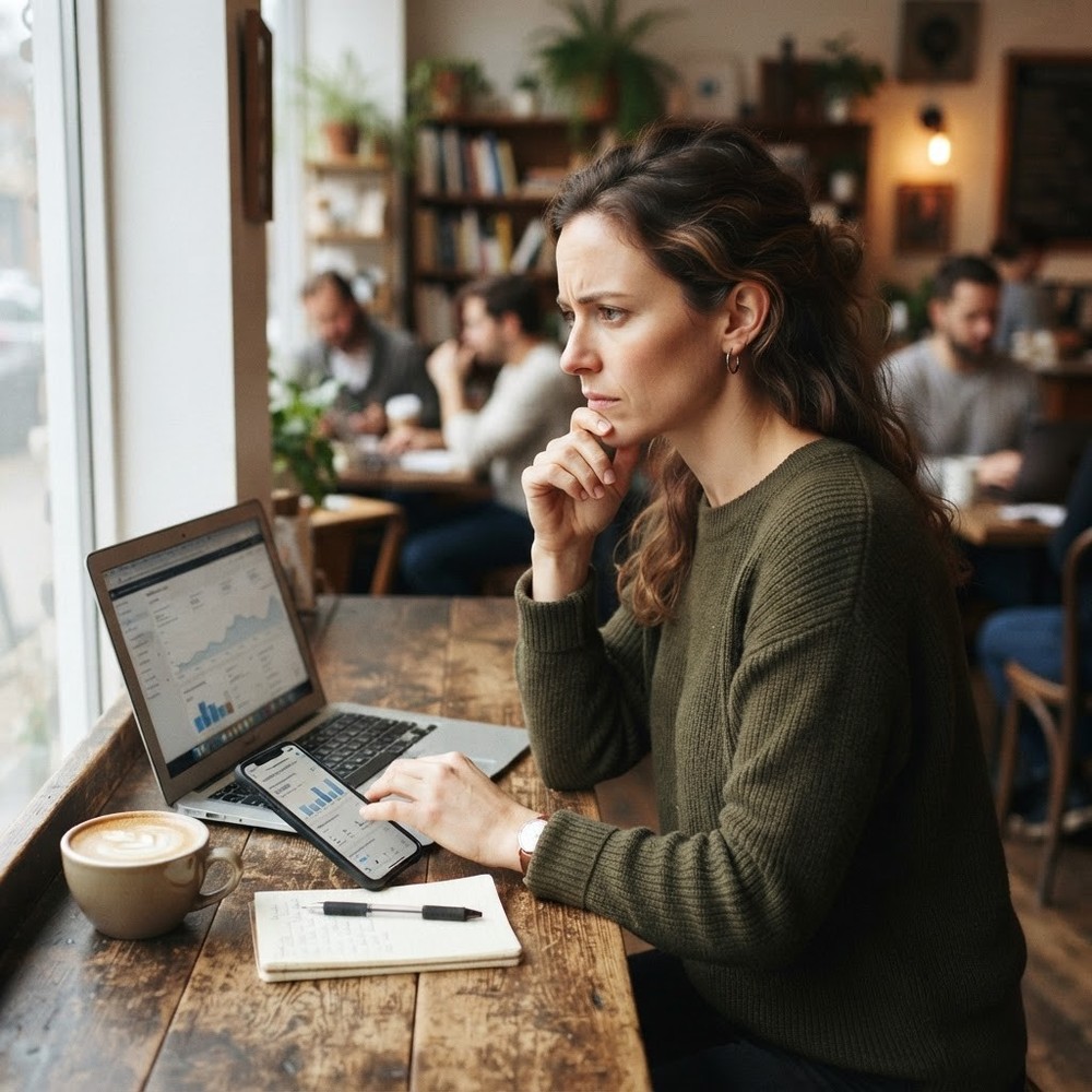 A marketer reviewing campaign performance on a laptop in a real coffee shop