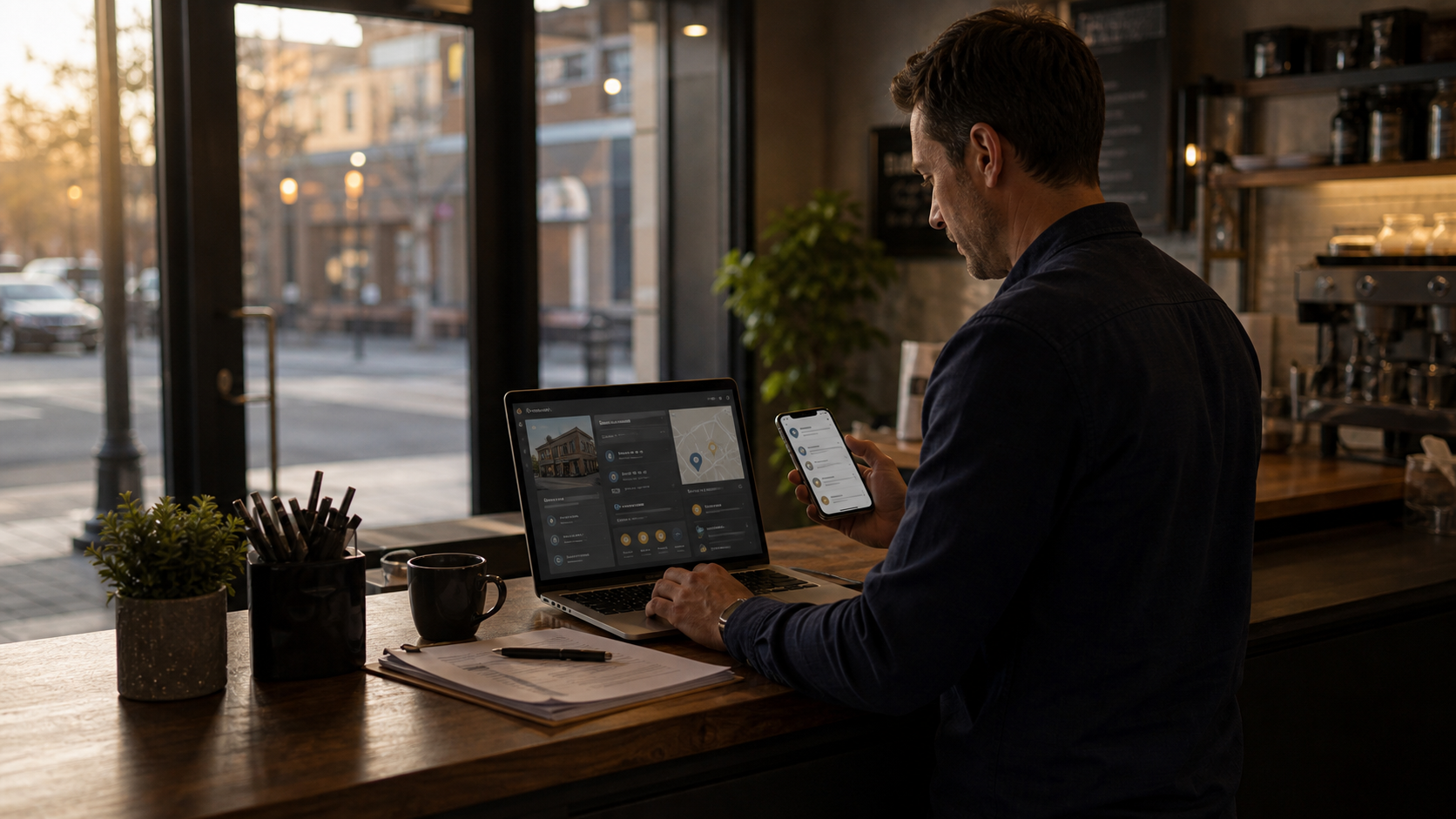 A local business operator checking profile details against the real storefront