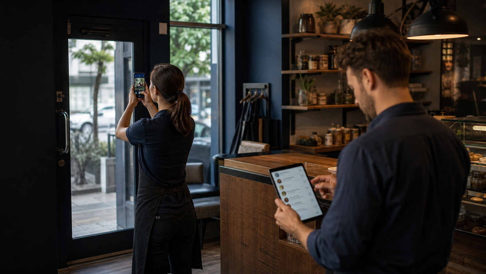 A local team updating storefront photos and reviewing customer feedback
