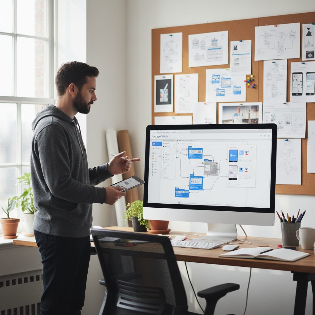 A designer reviewing an AI-generated interface in a bright studio