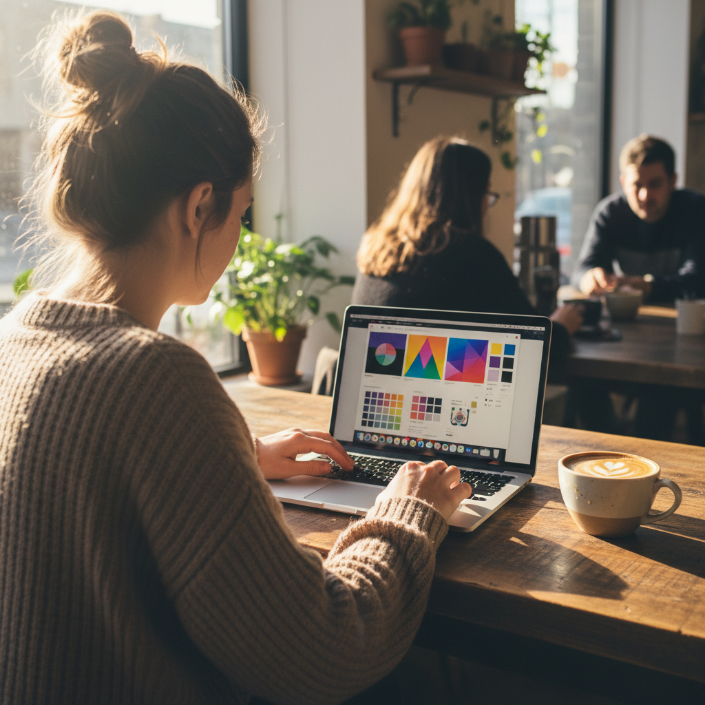 A person in a coffee shop reviewing an AI design tool on a laptop