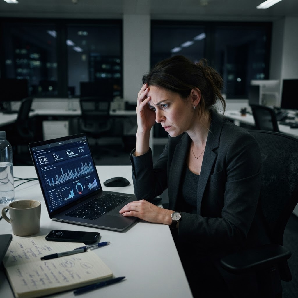 Executive reviewing AI marketing performance metrics late at night