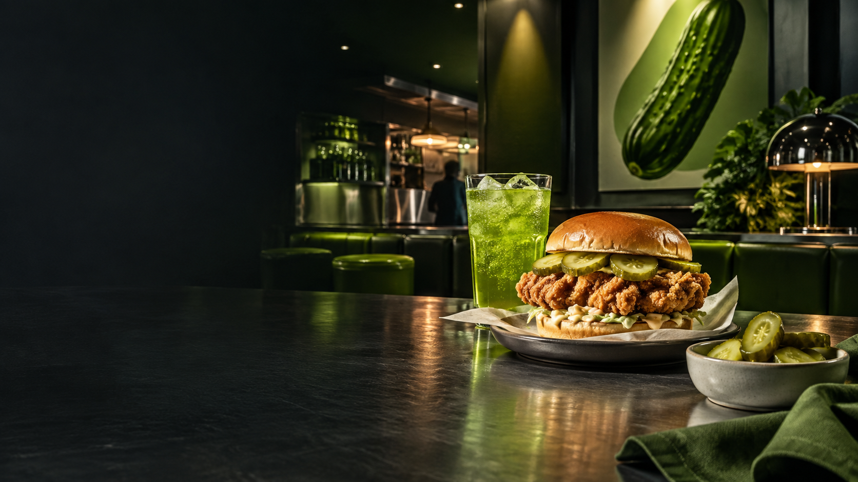 A pickle-inspired campaign world with a chicken burger, green drink, and dark restaurant setting
