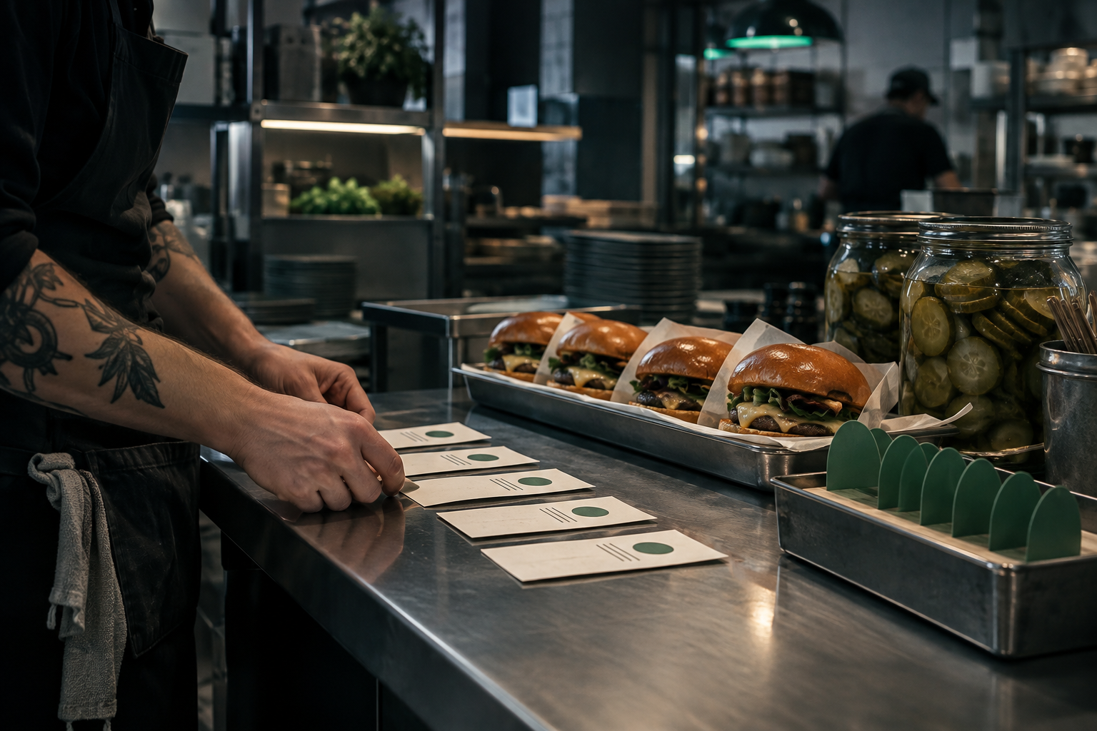 An operator prepares a bounded limited-time display with a small product run at a restaurant counter