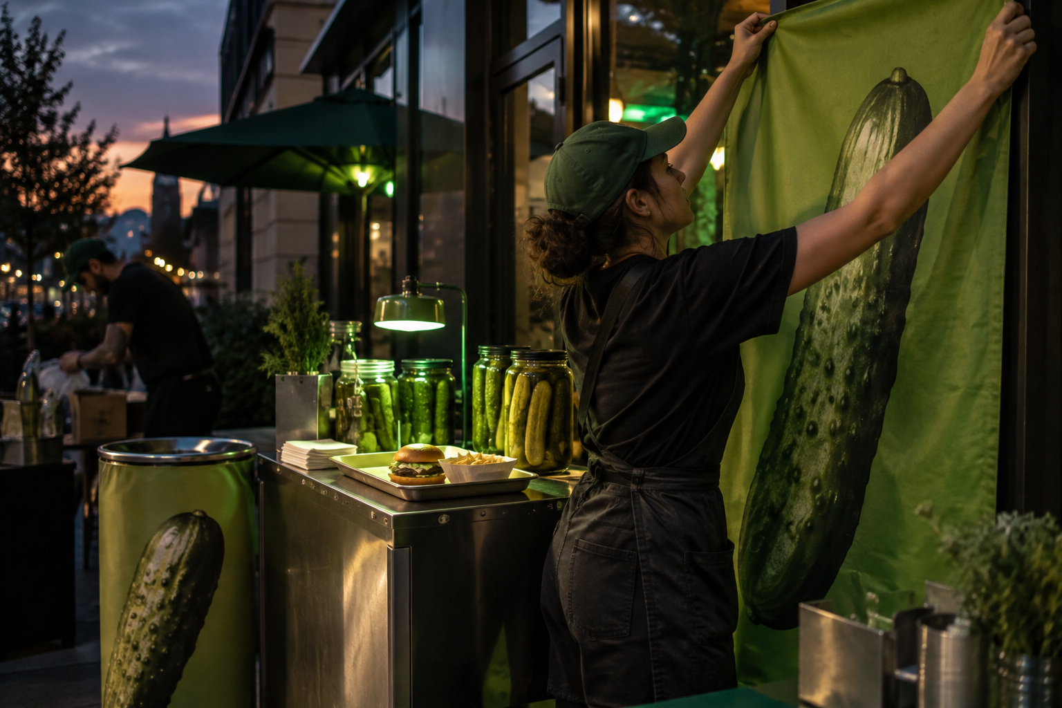 A real-world green activation being installed outside a fast-casual storefront