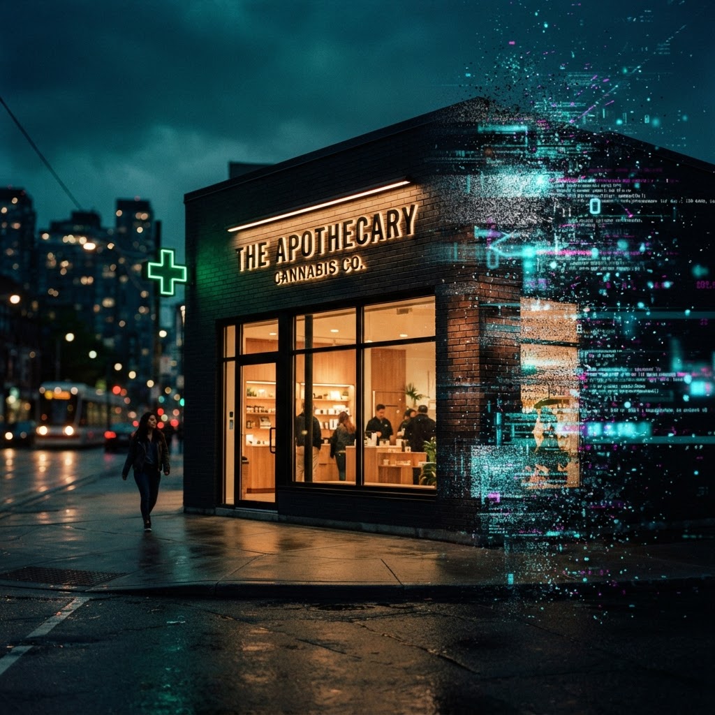 Dispensary storefront with Google Maps pin overlay