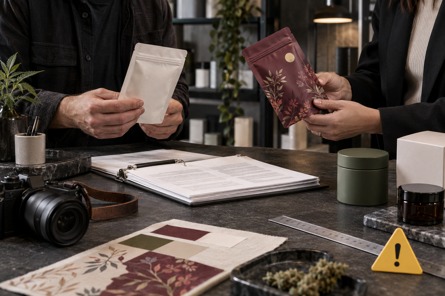 Two adult professionals reviewing unbranded seasonal packaging before launch